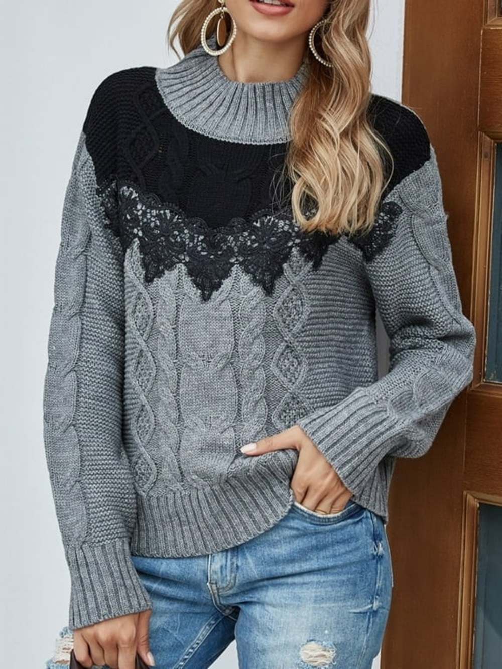Gray & Black Lace Cable Knit Sweater